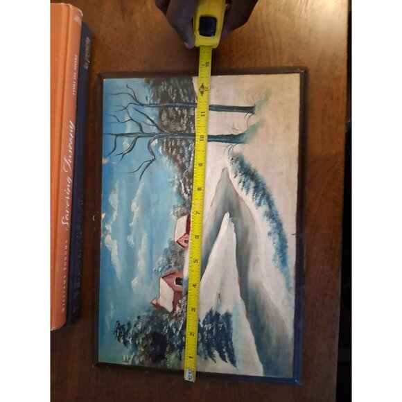 Vintage Winter Landscape Oil Painting On Wood Rustic Mid-Century 12.75" x 8.5" - Picture 8 of 9